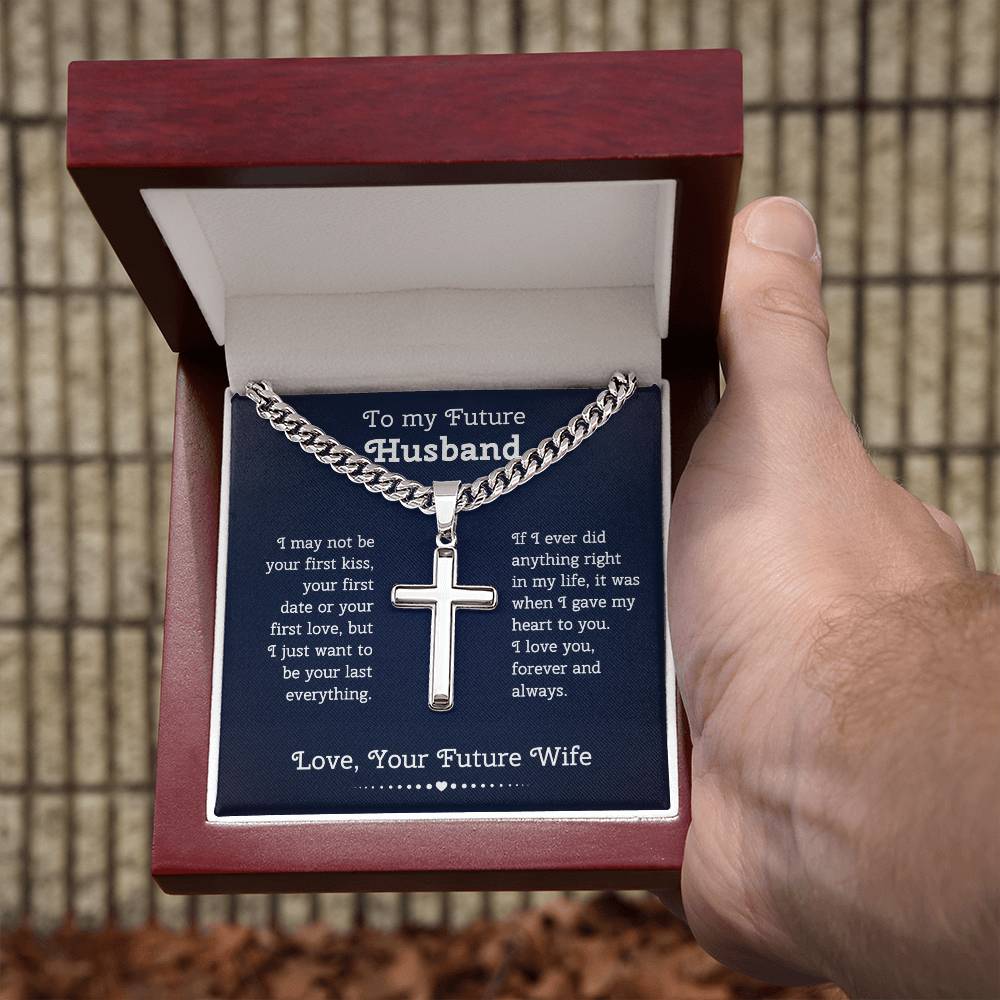 To My Future Husband Cuban Chain with Artisan Cross Necklace Gift Set Cross Necklace with Message Card and Gift Box, Gift for Husband, Husband Gift