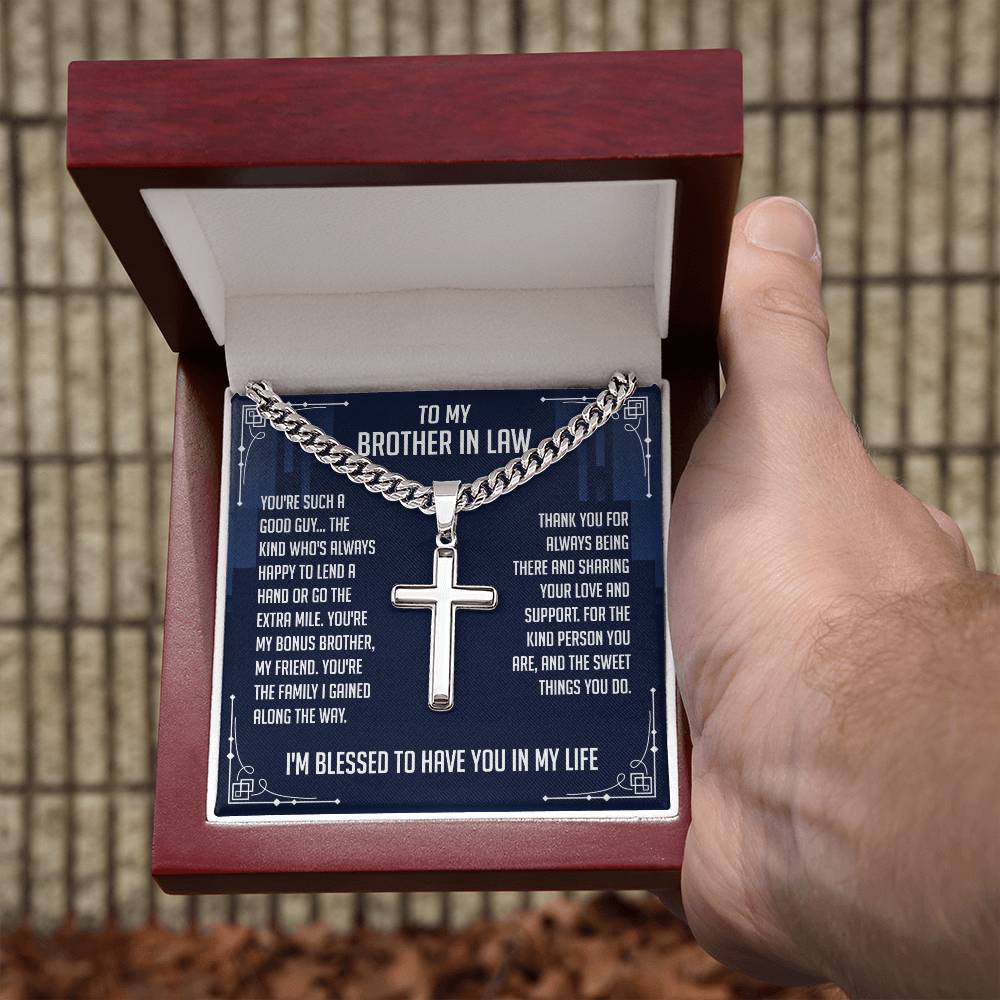 To My Brother in Law Gifts, Cuban Chain With Artisan Cross Necklace, Valentine's Gifts for a Brother In Law, Birthday Gift for Brother in Law