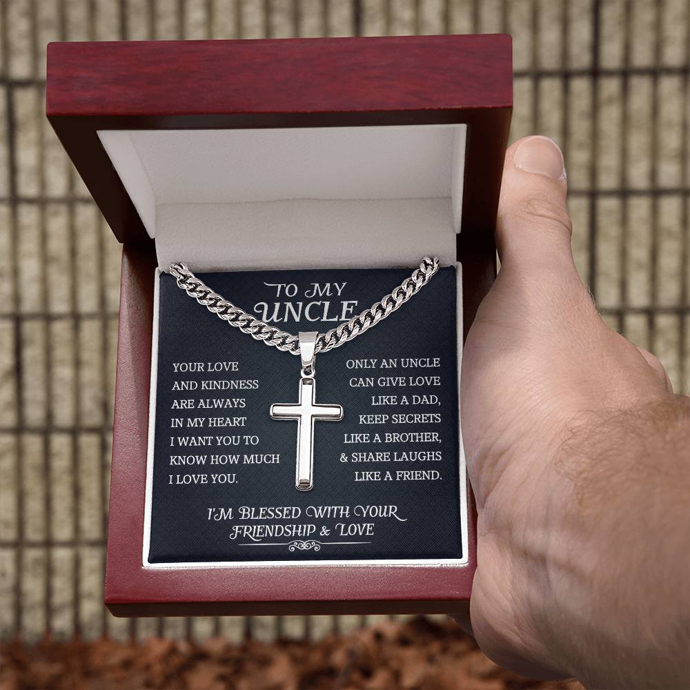 To My Uncle Cuban Chain With Artisan Cross Necklace, Uncle Birthday Gift, Message Card Jewelry, Appreciation Necklace for Uncle from Nephew or Niece