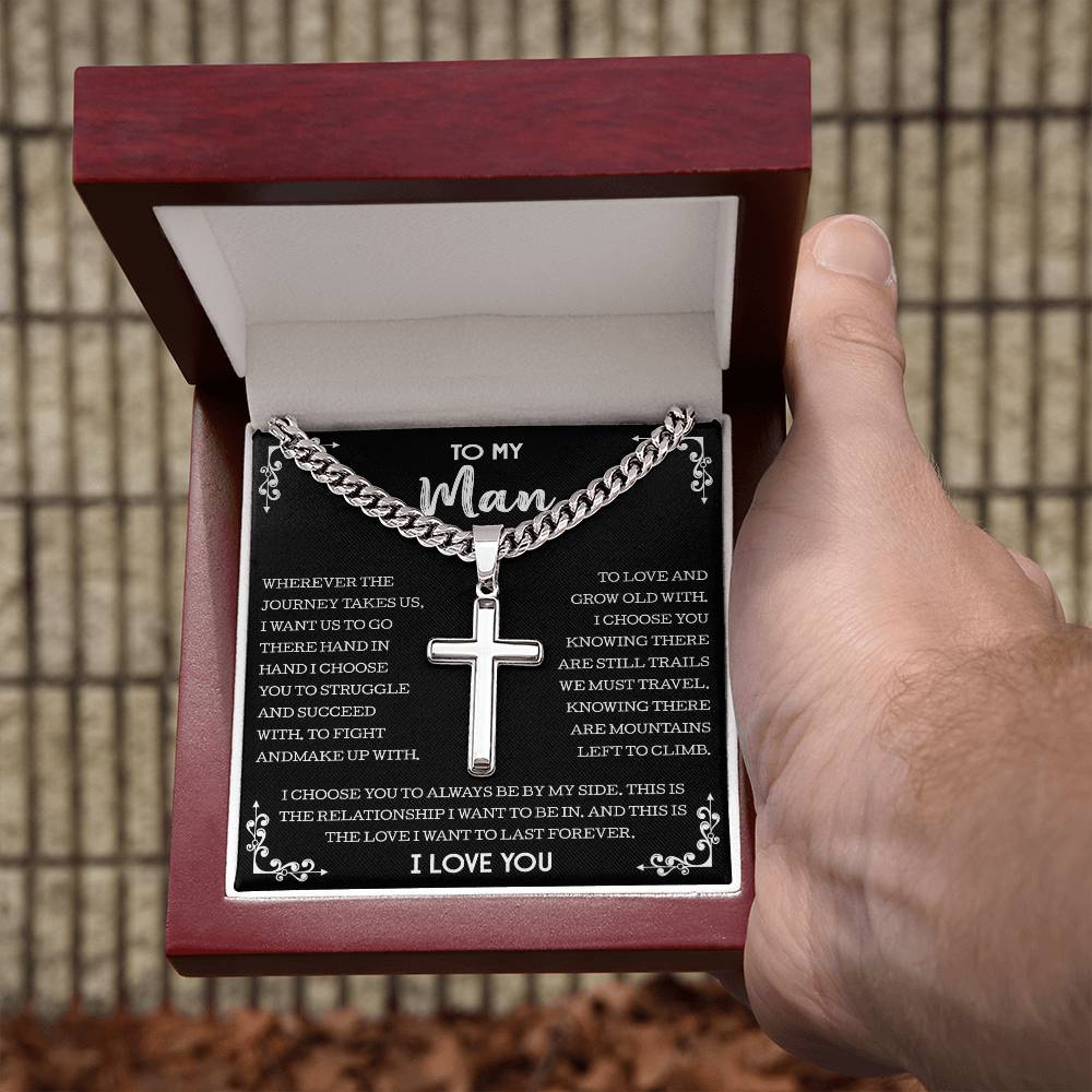 To My Man Cuban Chain with Artisan Cross Necklace, Gift For Boyfriend From Girlfriend, Necklace For Husband From Wife