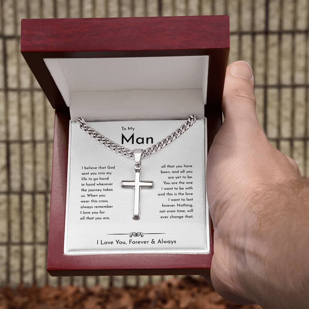 To My Man Cuban Chain With Artisan Cross Necklace • Birthday Gift • Valentine's Day Gift • Christmas Gift • Anniversary Necklace