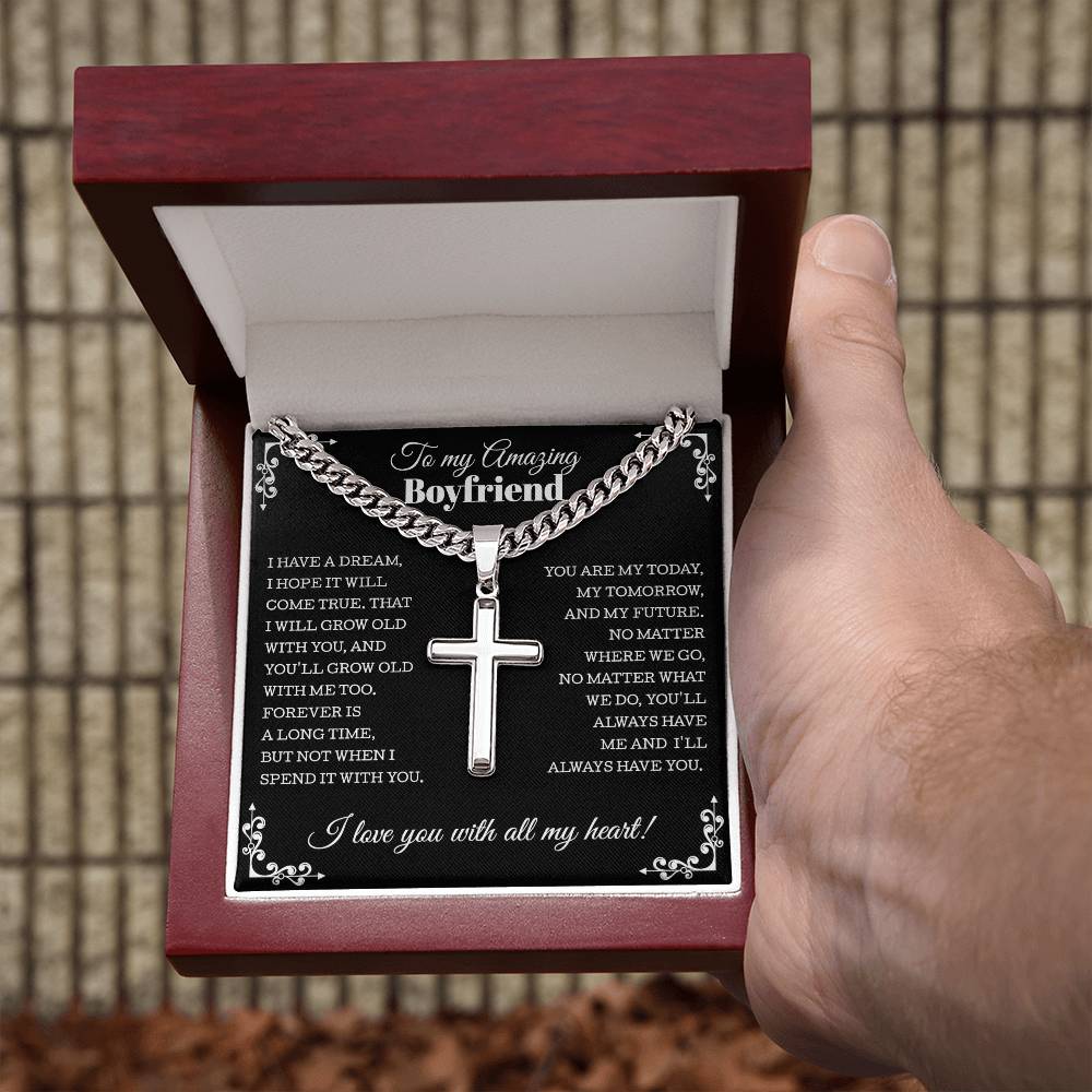 Gift for Boyfriend, Cuban Chain With Artisan Cross Necklace from Girlfriend, Boyfriend Anniversary Christmas Jewelry