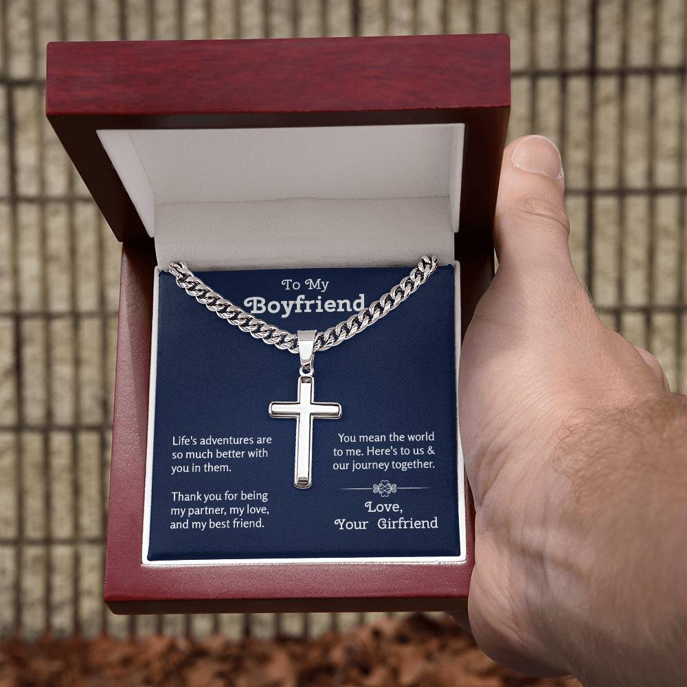 Gift for Boyfriend | Cuban Chain With Artisan Cross Necklace from Girlfriend | Boyfriend Anniversary Jewelry