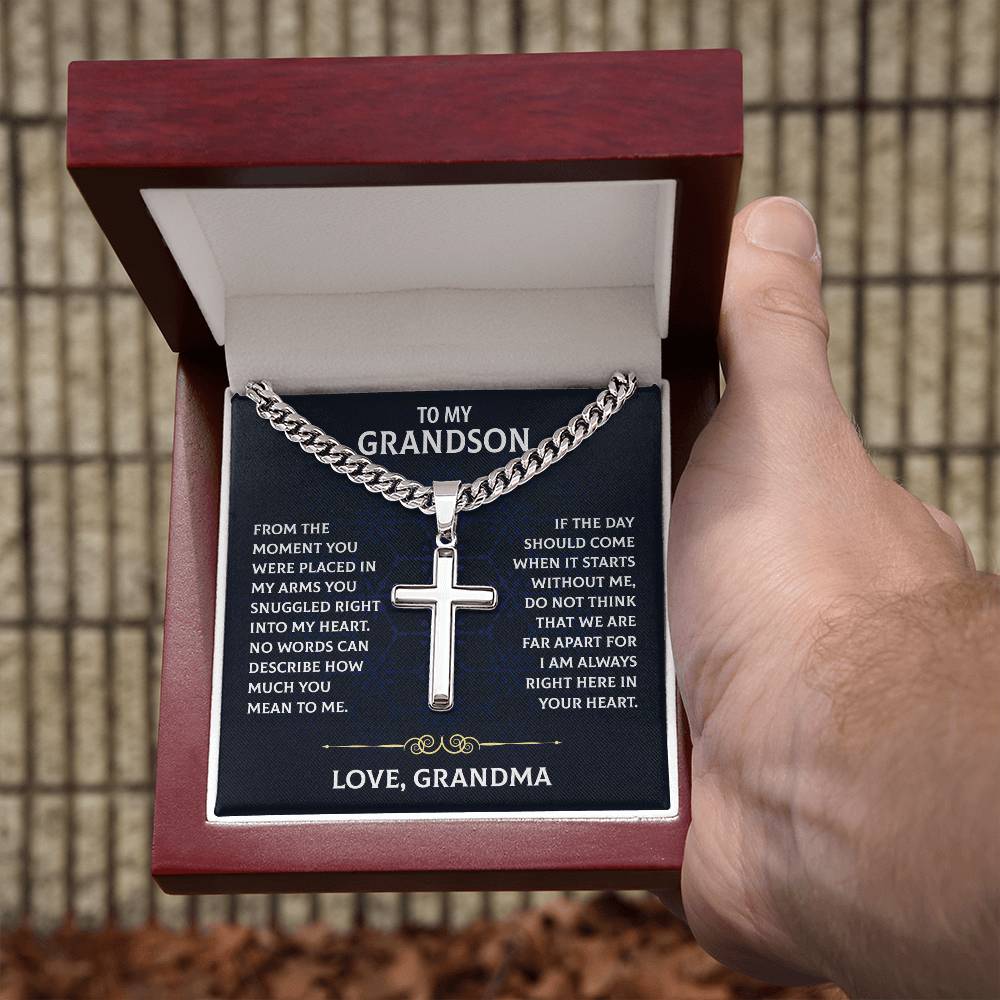To My Grandson, Cuban Chain With Artisan Cross Necklace, Heartfelt Jewelry Card, Meaningful Birthday Gift, Christmas Gift Grandson, Cross Pendant Gift