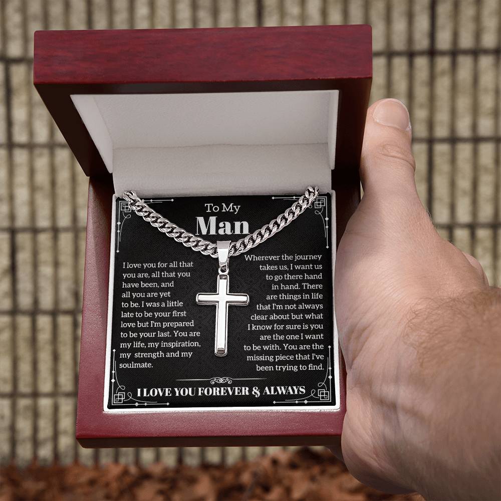 To My Man Cuban Chain with Artisan Cross Necklace, Gifts For Boyfriend From Girlfriend, Gifts For Husband From Wife, Valentine's Day Gift