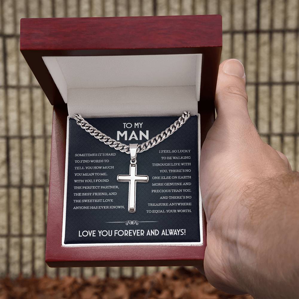 My Man Cuban Chain With Artisan Cross Necklace, Gifts For Boyfriend From Girlfriend, Gifts For Husband From Wife