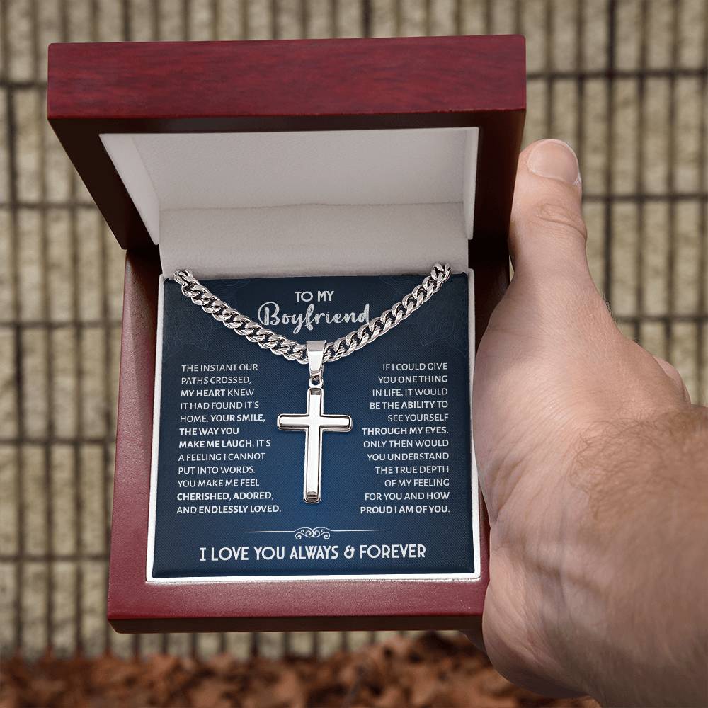 Boyfriend Gifts Cuban Chain With Artisan Cross Necklace Boyfriend Jewelry Fathers Valentines Day Gifts for Boyfriend Him Anniversary Religious Christmas Gifts