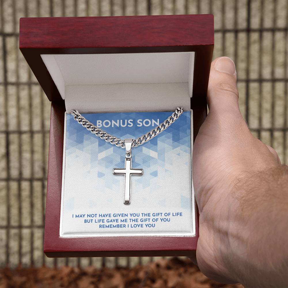 To My Bonus Son Cuban Chain with Artisan Cross Necklace, Inspirational Gift For Stepson, Unique Grown Up