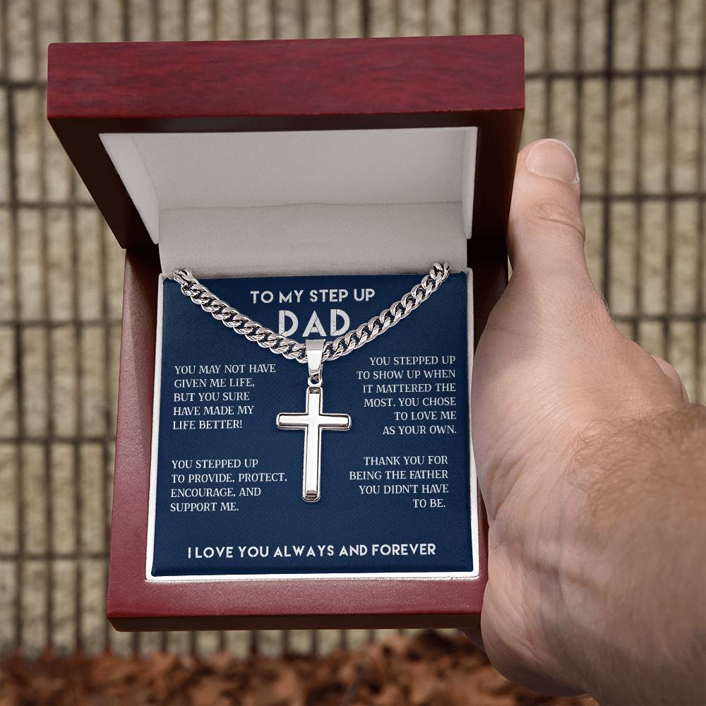 To my Step Dad Up Necklace Gift, Cuban Chain with Artisan Cross Necklace
