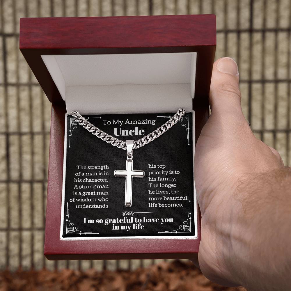 Cuban Chain with Artisan Cross Necklace for Uncle, Birthday Gifts for Uncle, Personalized Cross Necklace, Appreciation Necklace from Nephew or Niece