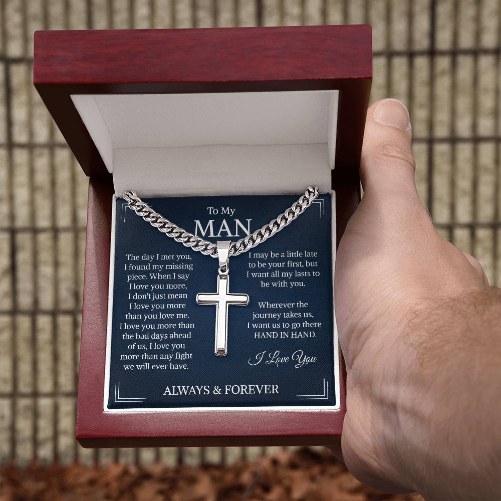 To My Man Gift, Cross Necklace for Men, Cuban Chain Pendant Necklace, for Husband, Boyfriend, Soulmate, Men's Christmas Gift, Wedding Gift