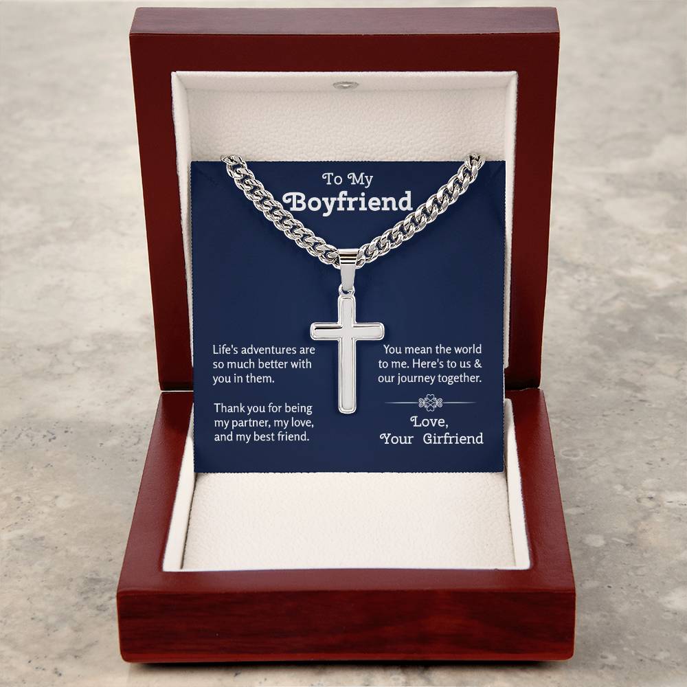 Gift for Boyfriend | Cuban Chain With Artisan Cross Necklace from Girlfriend | Boyfriend Anniversary Jewelry