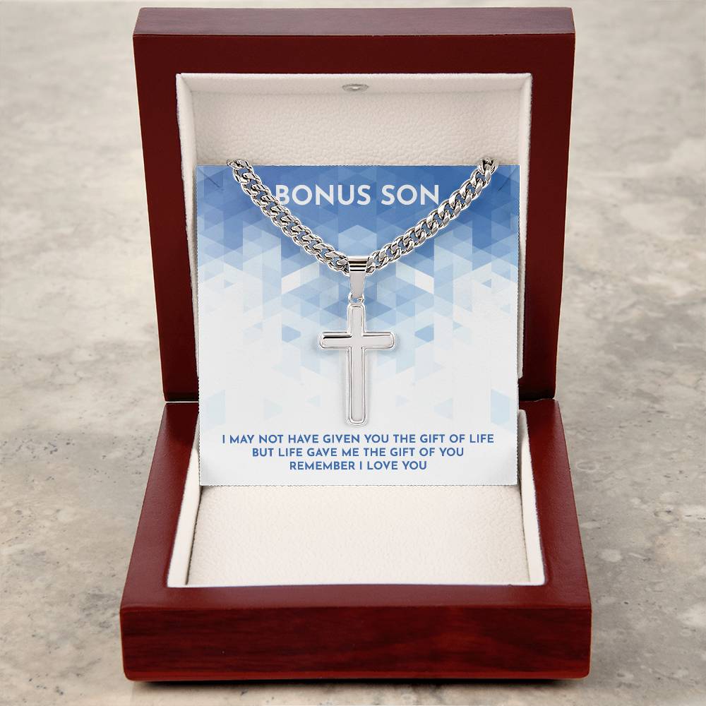 To My Bonus Son Cuban Chain with Artisan Cross Necklace, Inspirational Gift For Stepson, Unique Grown Up