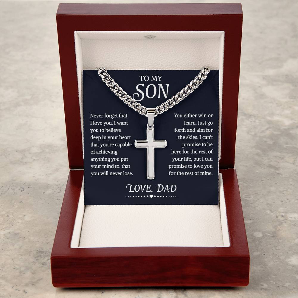 To My Son Cuban Chain With Artisan Cross Necklace From Dad, Son Gift From Dad, Father And Son Necklace, Christmas Birthday Graduation Gifts For Son