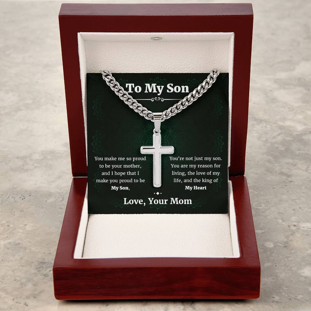To My Son Cuban Chain with Artisan Cross Necklace • Son Gifts from Mom • Mother to Son Gifts • Gifts for Son Birthday • Unique Gift for Son from Mother