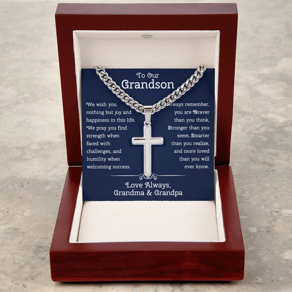 To Our Grandson Gift from Grandma and Grandpa • To Our Grandson Necklace • Cuban Chain With Artisan Cross Necklace