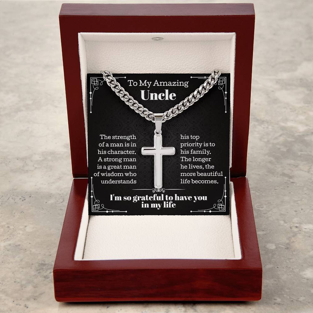 Cuban Chain with Artisan Cross Necklace for Uncle, Birthday Gifts for Uncle, Personalized Cross Necklace, Appreciation Necklace from Nephew or Niece