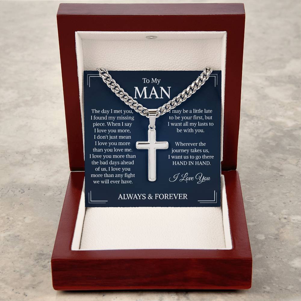 To My Man Gift, Cross Necklace for Men, Cuban Chain Pendant Necklace, for Husband, Boyfriend, Soulmate, Men's Christmas Gift, Wedding Gift