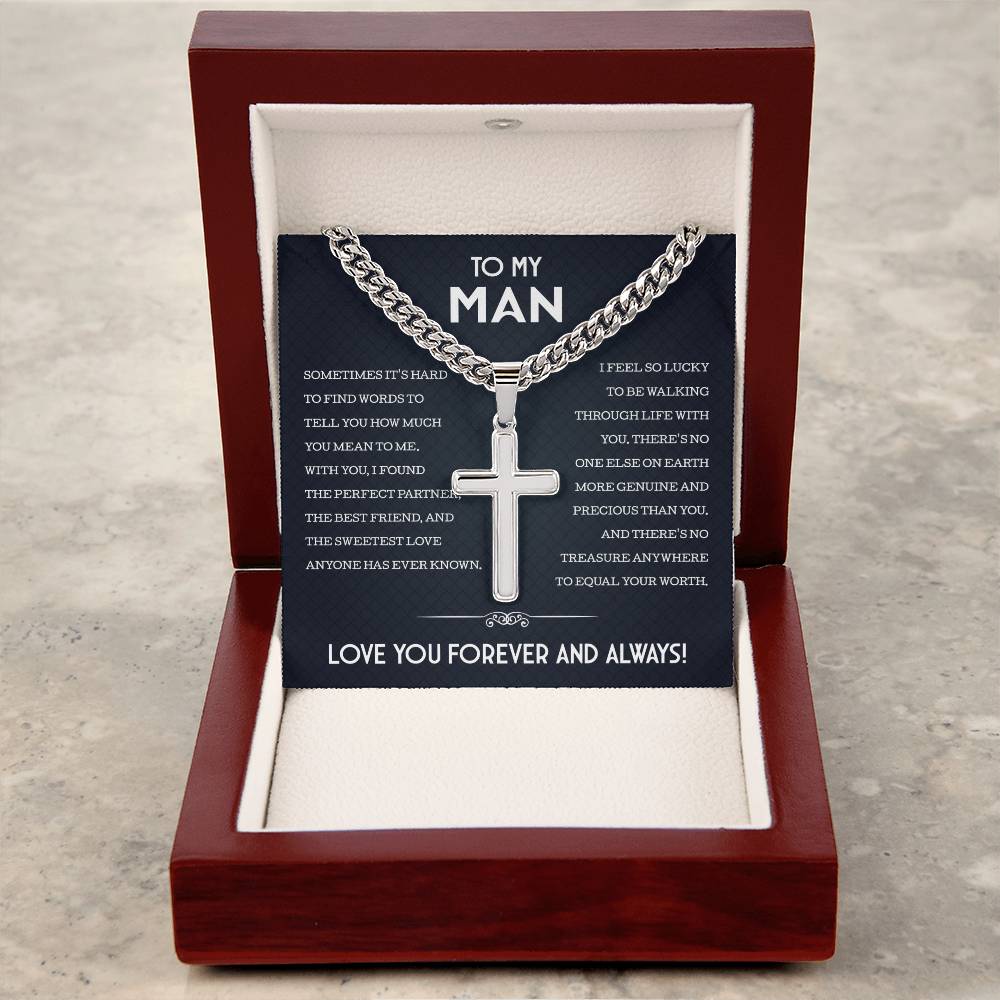 My Man Cuban Chain With Artisan Cross Necklace, Gifts For Boyfriend From Girlfriend, Gifts For Husband From Wife