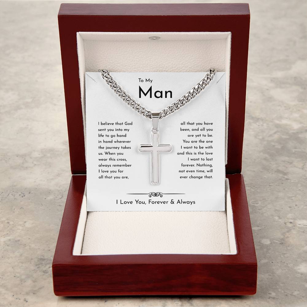 To My Man Cuban Chain With Artisan Cross Necklace • Birthday Gift • Valentine's Day Gift • Christmas Gift • Anniversary Necklace