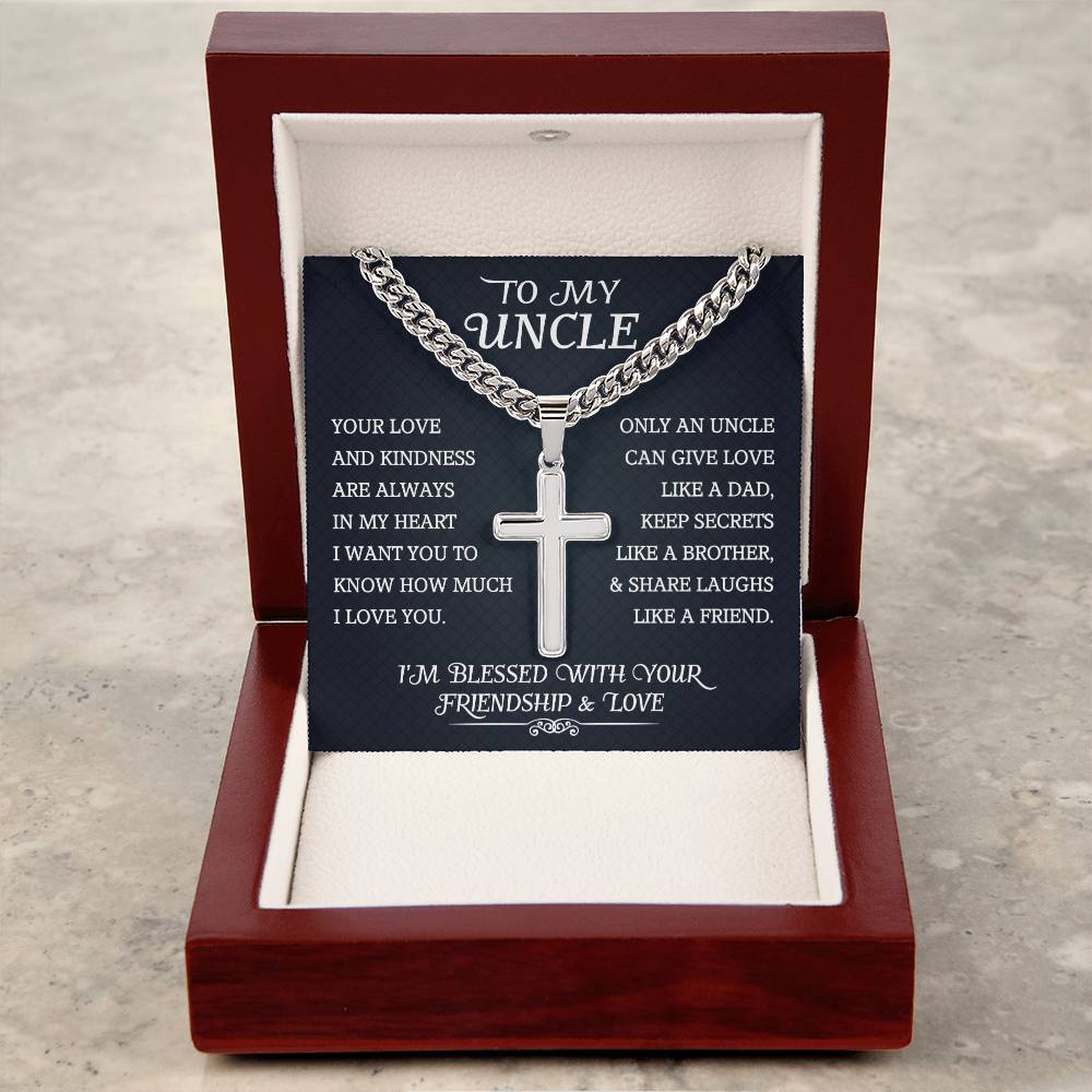 To My Uncle Cuban Chain With Artisan Cross Necklace, Uncle Birthday Gift, Message Card Jewelry, Appreciation Necklace for Uncle from Nephew or Niece