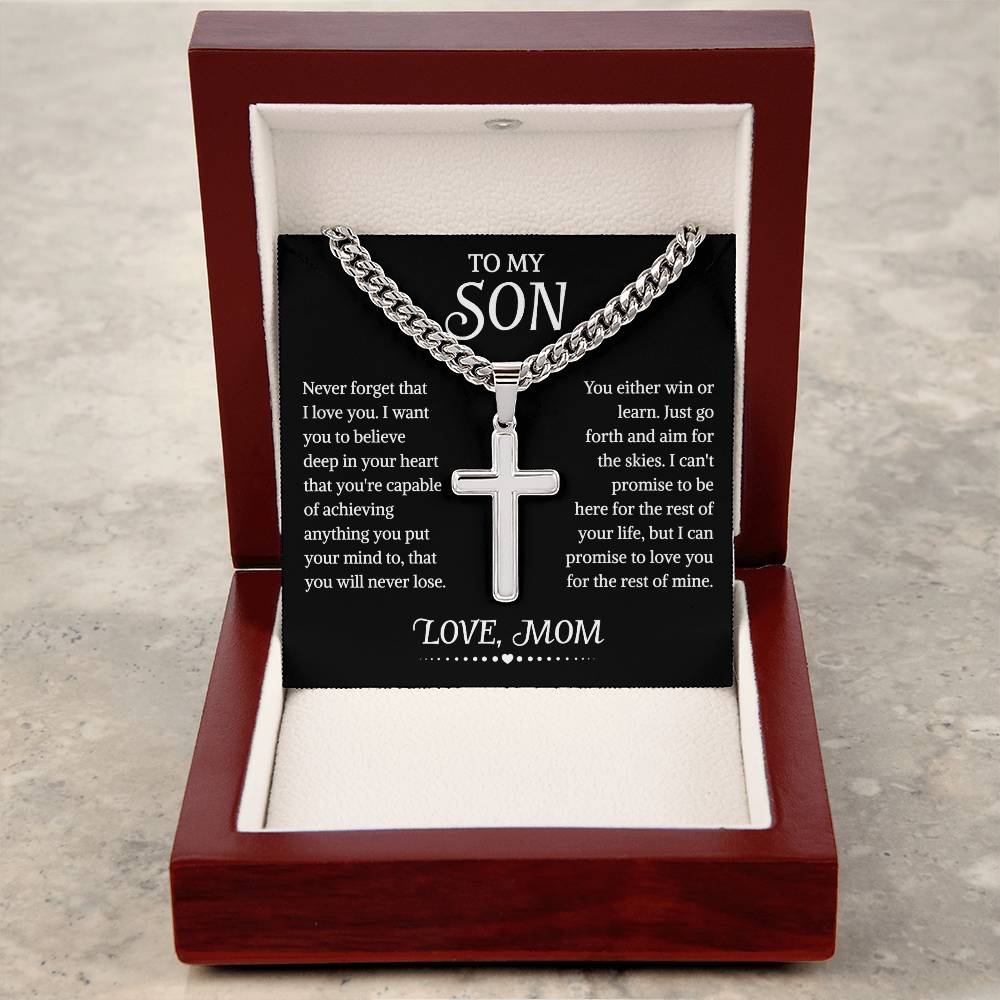 To My Son Cuban Chain With Artisan Cross Necklace From Mom, Son Gift From Mom, Mother And Son Necklace, Christmas Birthday Graduation Gifts For Son