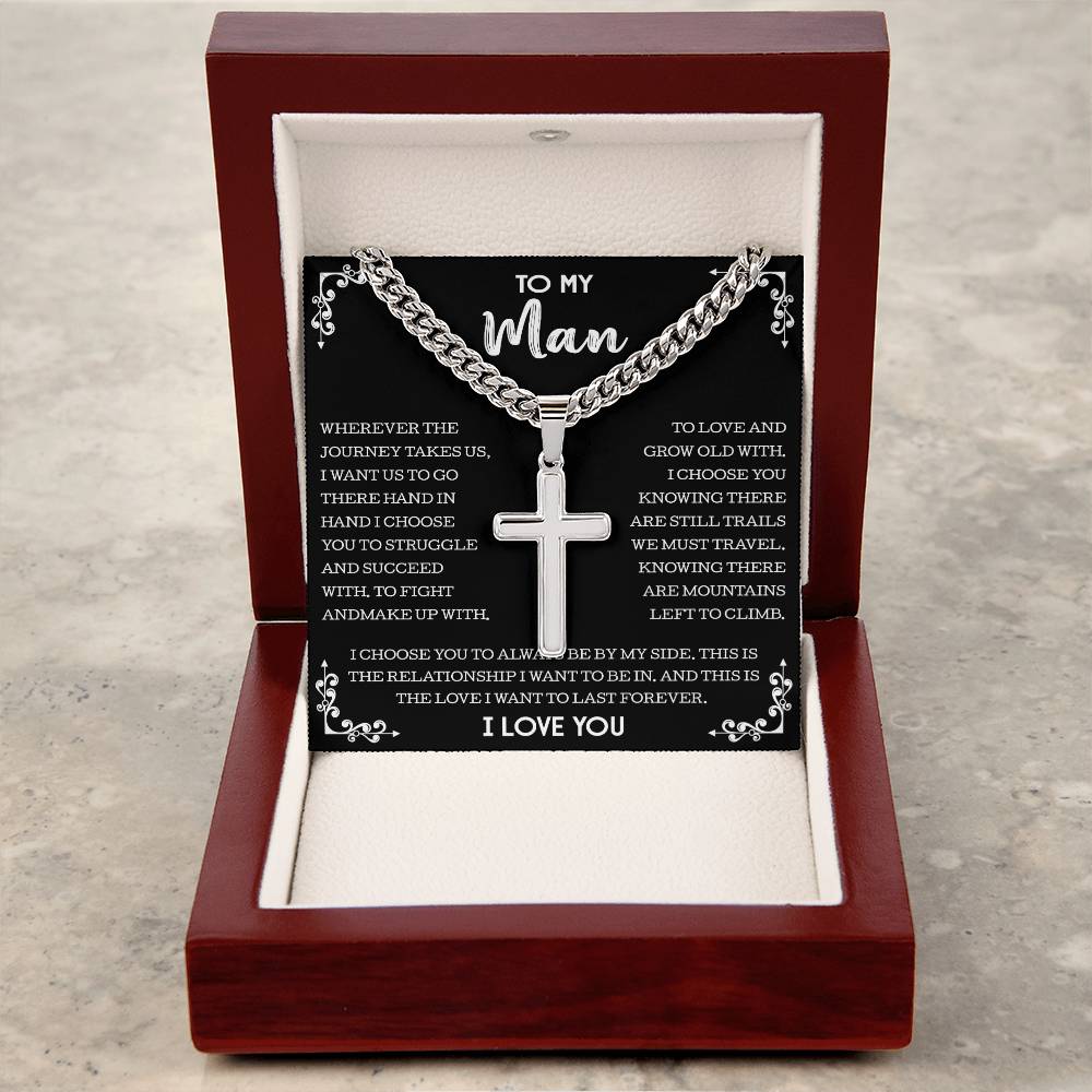 To My Man Cuban Chain with Artisan Cross Necklace, Gift For Boyfriend From Girlfriend, Necklace For Husband From Wife