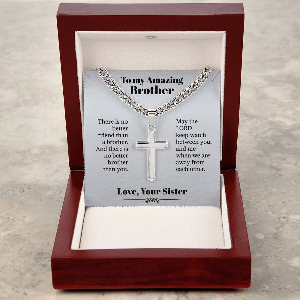 My Amazing Brother Cuban Chain With Artisan Cross Necklace Gifts For Brother From Sister Brother With Message Card Birthday Gift
