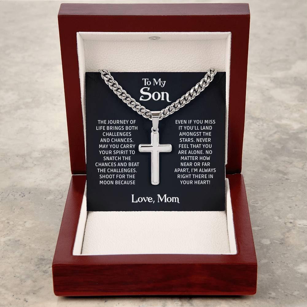 To My Son from Mom necklace, Mother Son necklace, Son Jewelry, Gifts For Son From Mom, Cuban Chain with Artisan Cross Necklace, Christmas Gift for Son