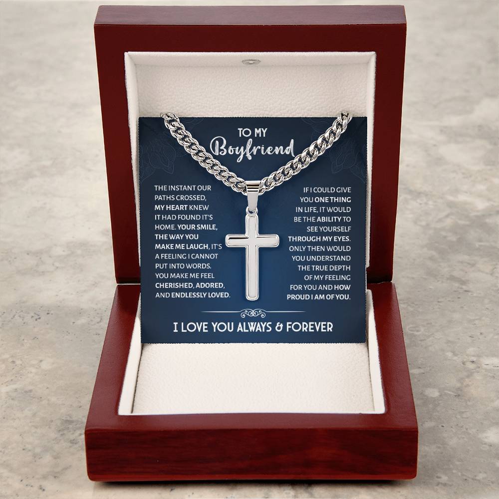 Boyfriend Gifts Cuban Chain With Artisan Cross Necklace Boyfriend Jewelry Fathers Valentines Day Gifts for Boyfriend Him Anniversary Religious Christmas Gifts