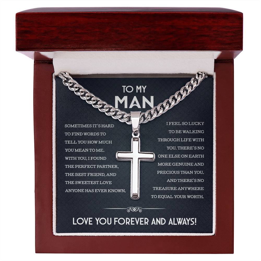 My Man Cuban Chain With Artisan Cross Necklace, Gifts For Boyfriend From Girlfriend, Gifts For Husband From Wife