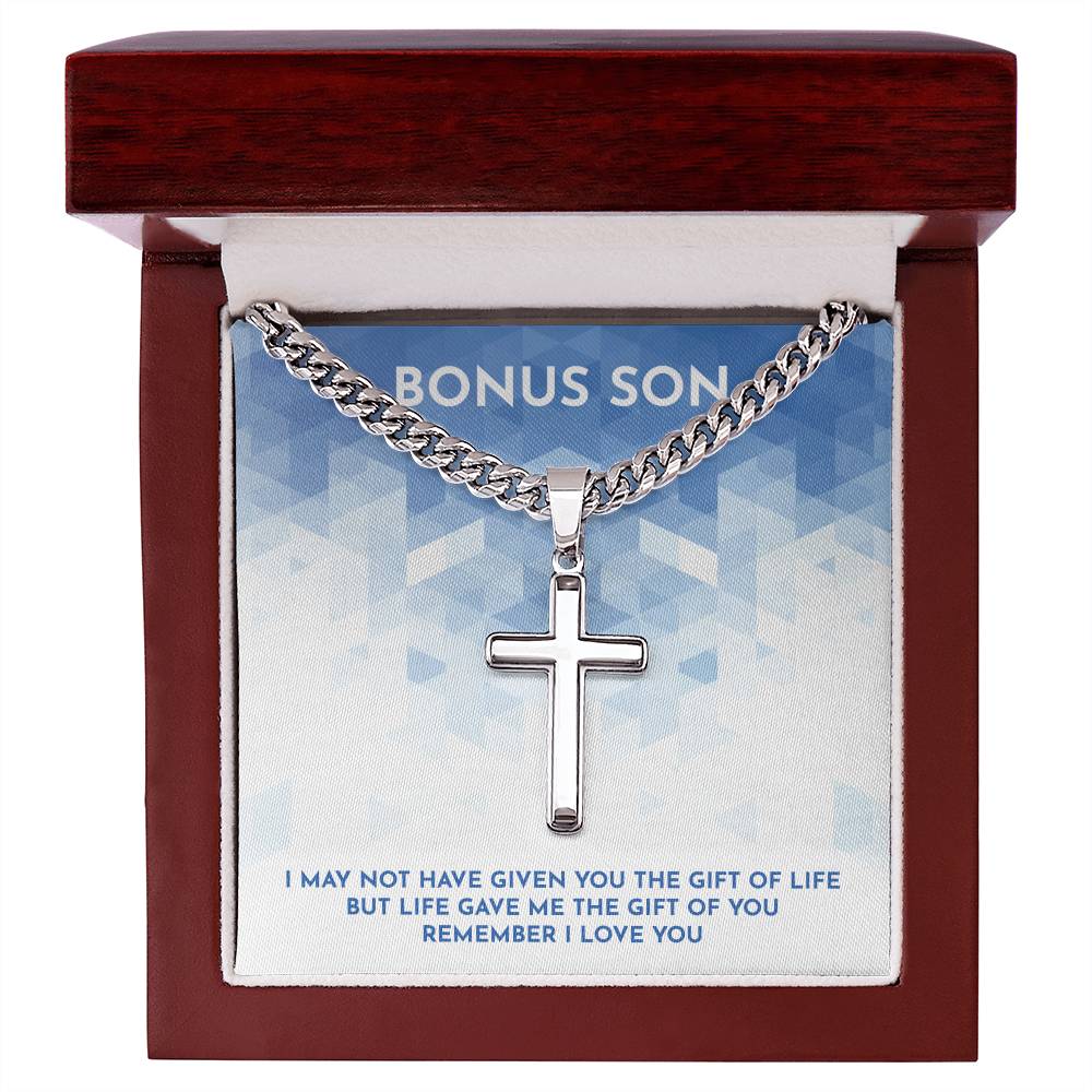 To My Bonus Son Cuban Chain with Artisan Cross Necklace, Inspirational Gift For Stepson, Unique Grown Up
