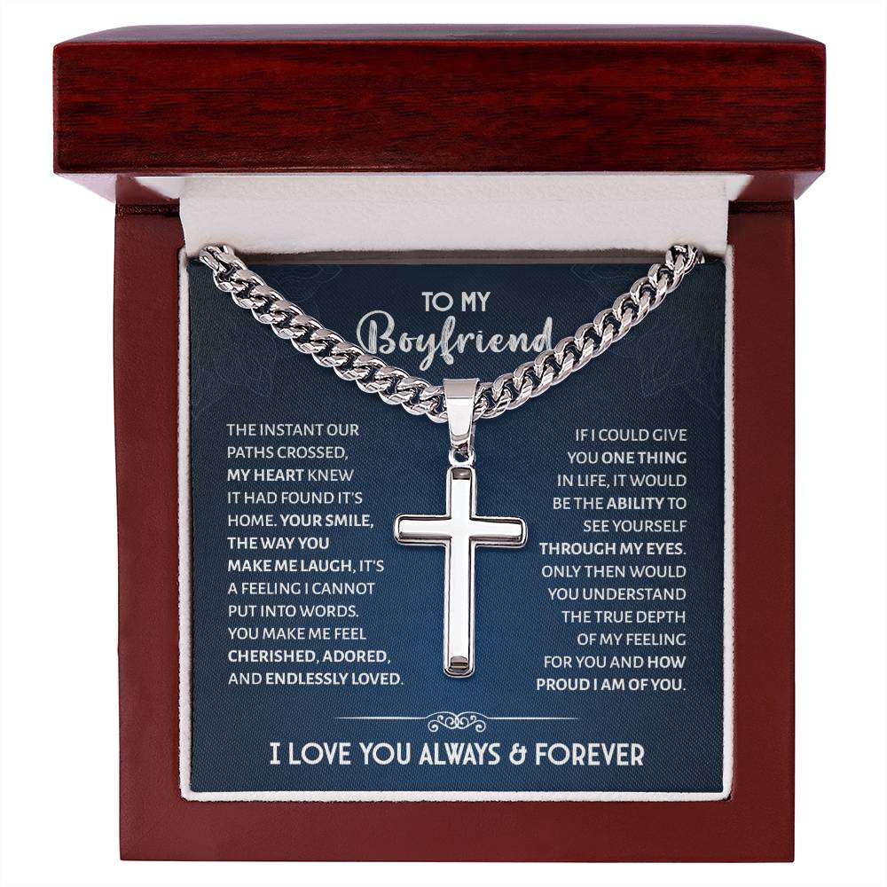 Boyfriend Gifts Cuban Chain With Artisan Cross Necklace Boyfriend Jewelry Fathers Valentines Day Gifts for Boyfriend Him Anniversary Religious Christmas Gifts