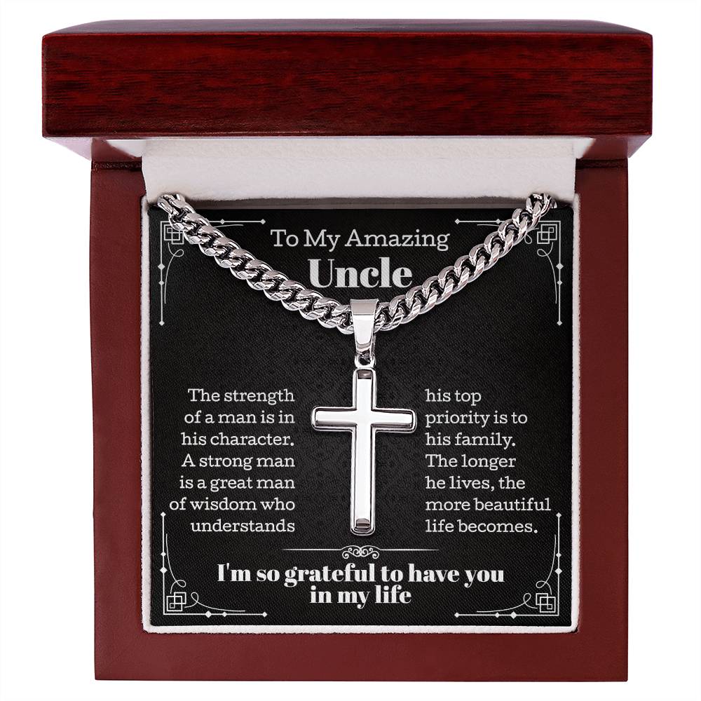 Cuban Chain with Artisan Cross Necklace for Uncle, Birthday Gifts for Uncle, Personalized Cross Necklace, Appreciation Necklace from Nephew or Niece