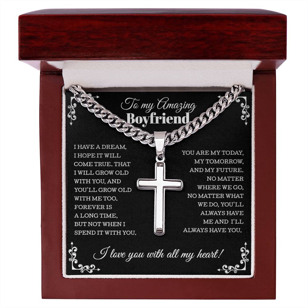 Gift for Boyfriend, Cuban Chain With Artisan Cross Necklace from Girlfriend, Boyfriend Anniversary Christmas Jewelry