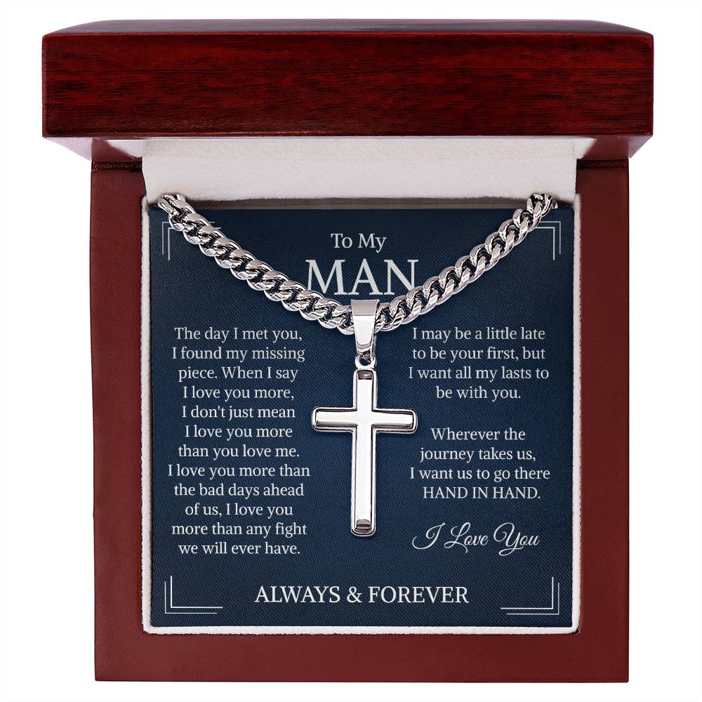 To My Man Gift, Cross Necklace for Men, Cuban Chain Pendant Necklace, for Husband, Boyfriend, Soulmate, Men's Christmas Gift, Wedding Gift
