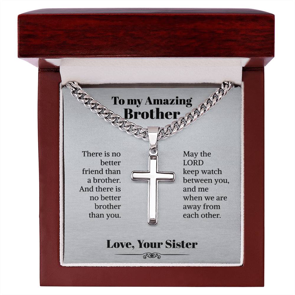 My Amazing Brother Cuban Chain With Artisan Cross Necklace Gifts For Brother From Sister Brother With Message Card Birthday Gift