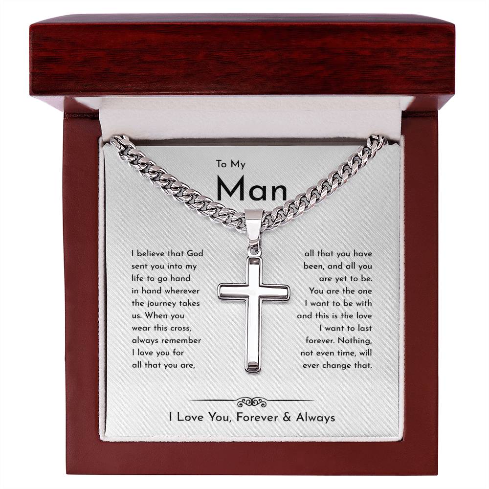 To My Man Cuban Chain With Artisan Cross Necklace • Birthday Gift • Valentine's Day Gift • Christmas Gift • Anniversary Necklace