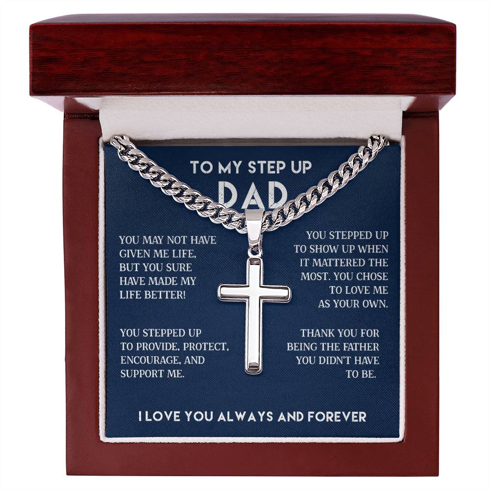 To my Step Dad Up Necklace Gift, Cuban Chain with Artisan Cross Necklace