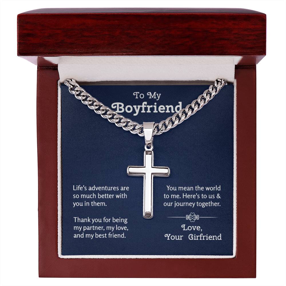 Gift for Boyfriend | Cuban Chain With Artisan Cross Necklace from Girlfriend | Boyfriend Anniversary Jewelry