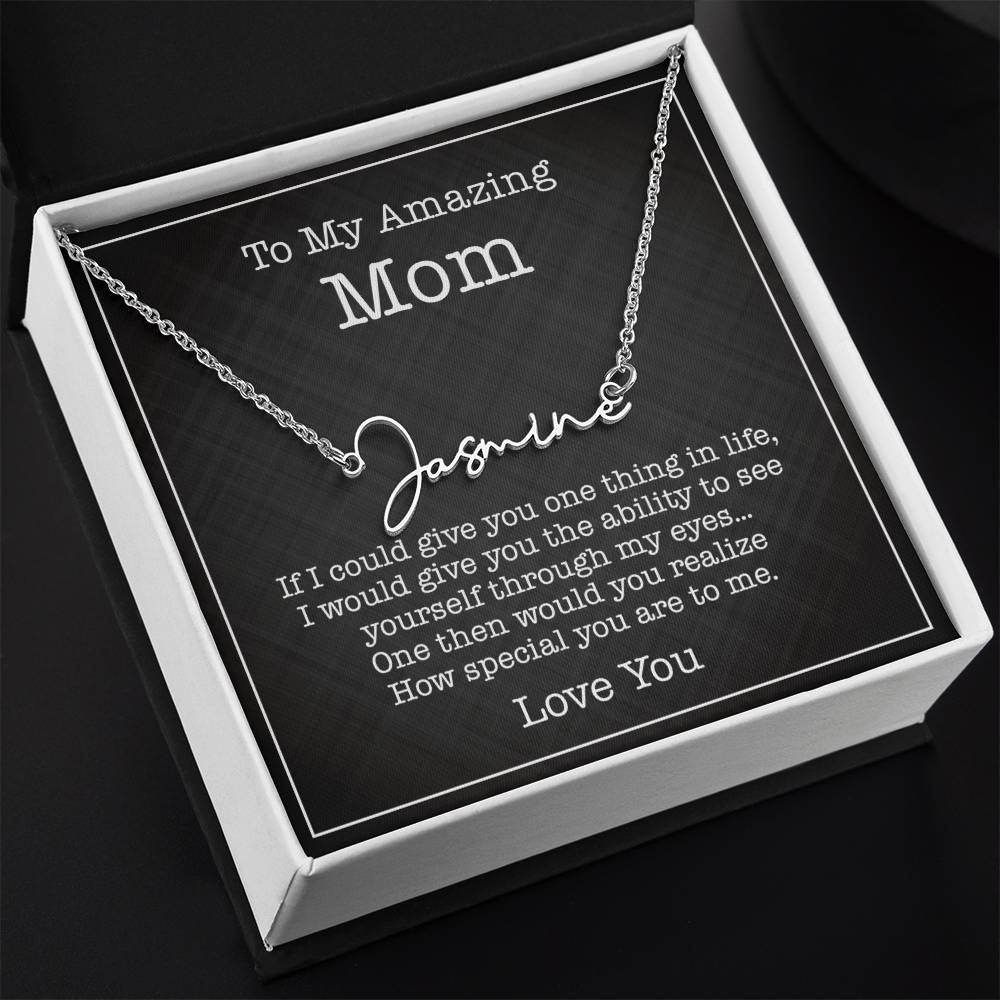 To My Mom Signature Style Name Necklace Thoughtful Jewelry Gift from Son or Daughter for Birthdays, Christmas, and Mother's Day
