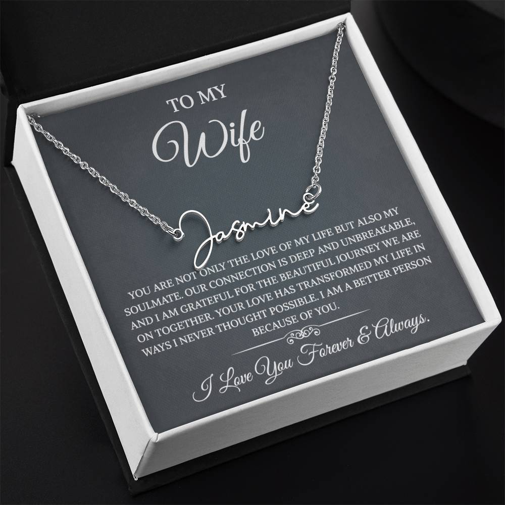 To My Wife Necklace from Husband with Message Card Romantic Gifts for Wife Signature Style Name Necklace for Women, Wife Jewelry Rose Gold, Wife Birthday