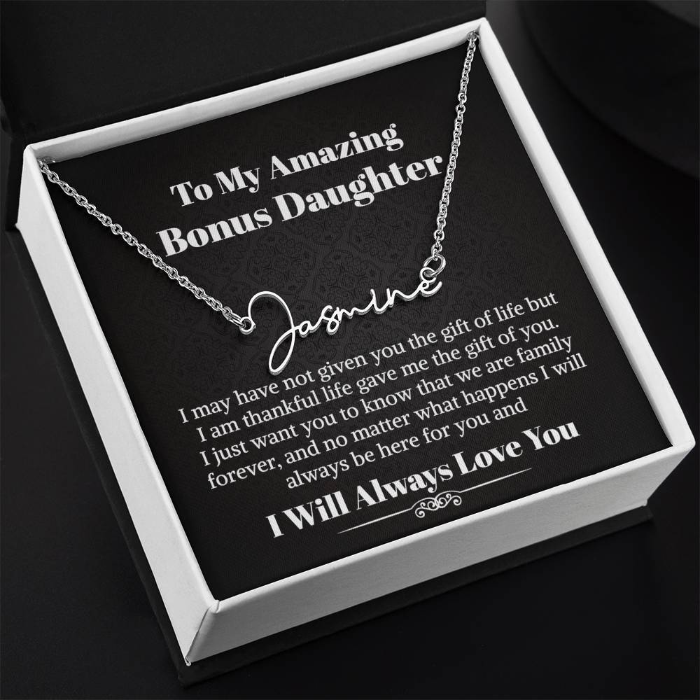 Bonus Daughter Signature Style Name Necklace Birthday Graduation Christmas Gift with Message Card and LED Jewelry Box Gift Pendant for Step Daughter Goddaughter
