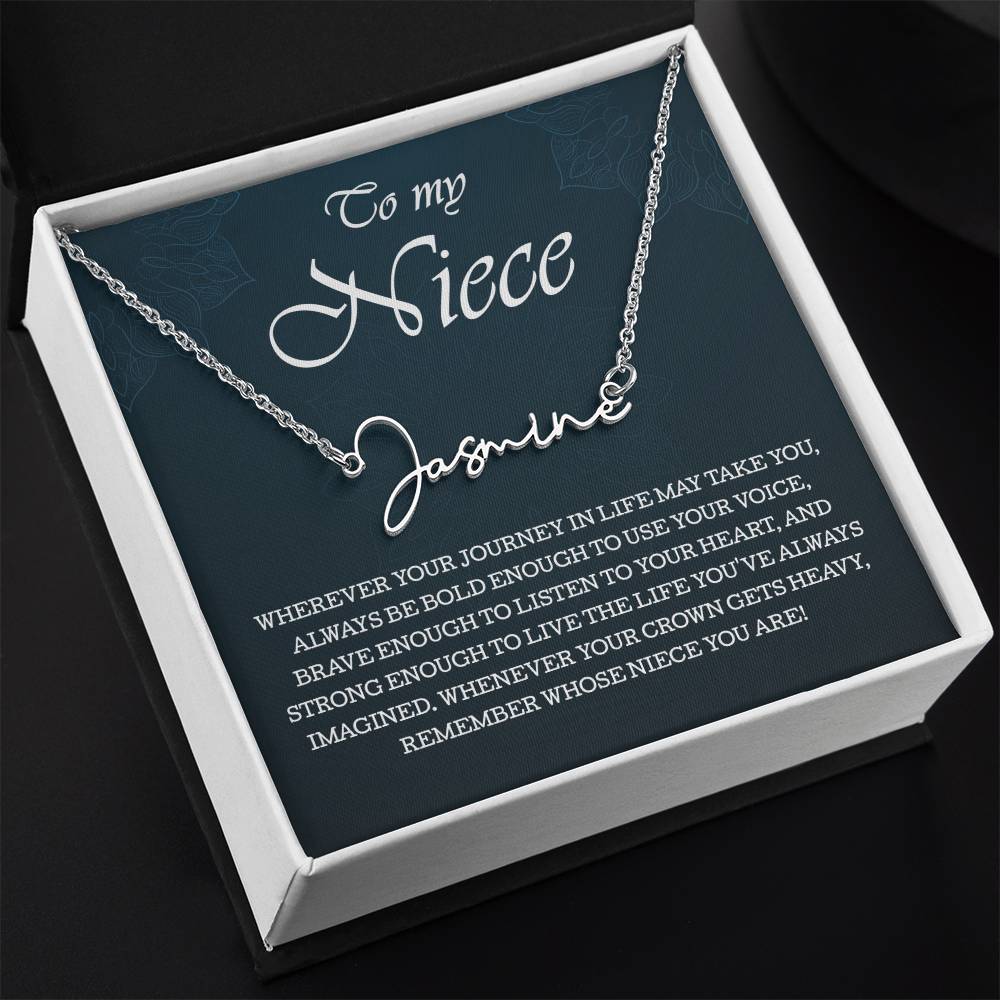 To My Niece Signature Style Name Necklace , Perfect Birthday or Graduation Gift with Blessing Card and Gift Box Packaging