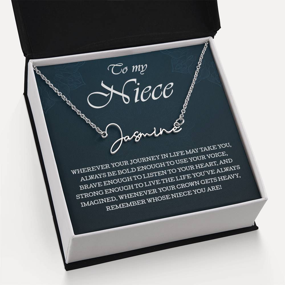 To My Niece Signature Style Name Necklace , Perfect Birthday or Graduation Gift with Blessing Card and Gift Box Packaging