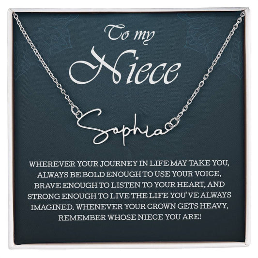 To My Niece Signature Style Name Necklace , Perfect Birthday or Graduation Gift with Blessing Card and Gift Box Packaging
