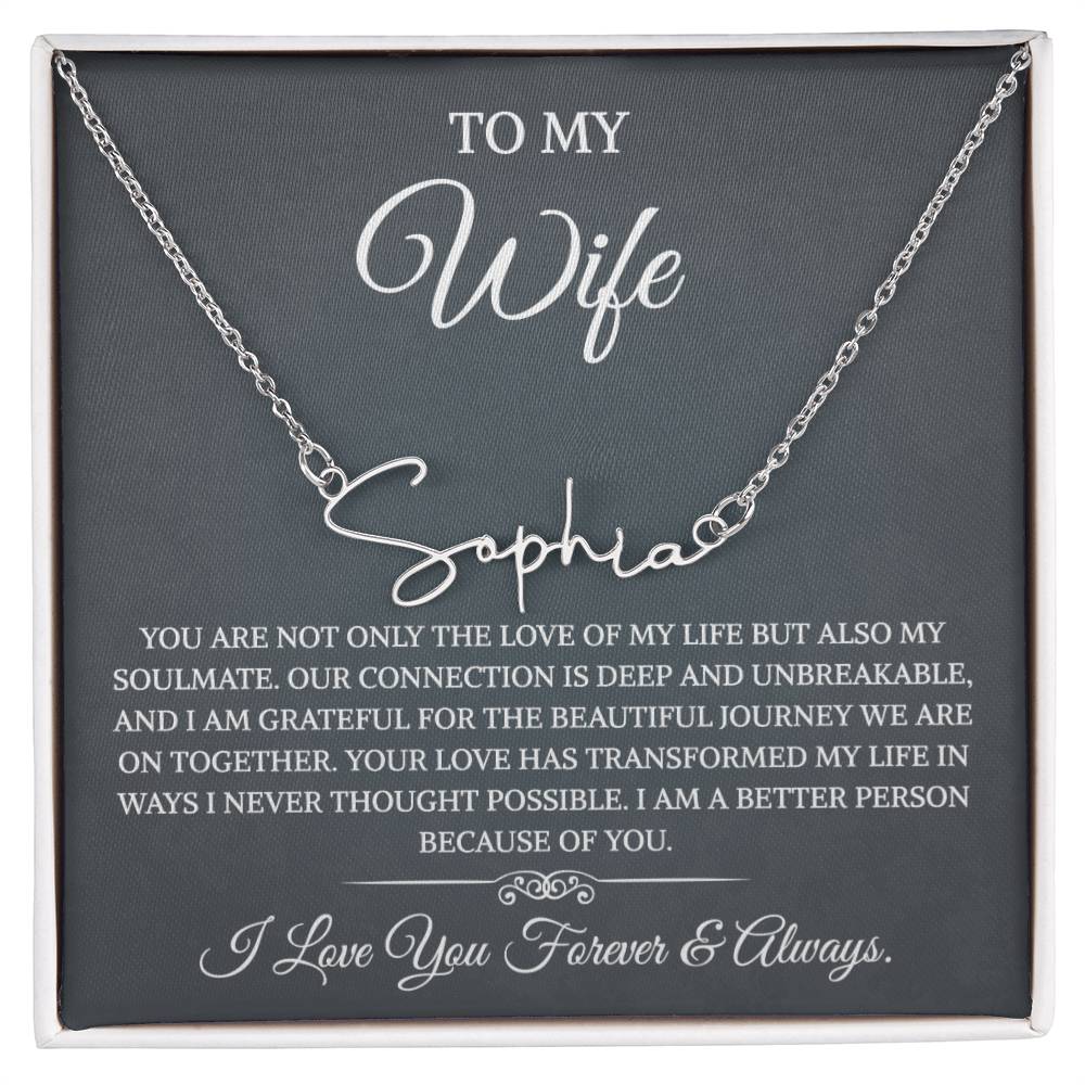 To My Wife Necklace from Husband with Message Card Romantic Gifts for Wife Signature Style Name Necklace for Women, Wife Jewelry Rose Gold, Wife Birthday