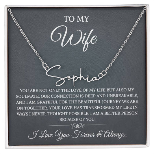 To My Wife Necklace from Husband with Message Card Romantic Gifts for Wife Signature Style Name Necklace for Women, Wife Jewelry Rose Gold, Wife Birthday