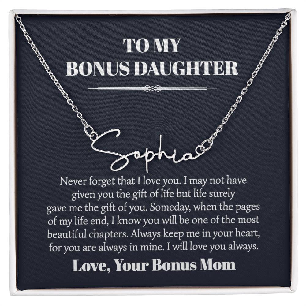 To My Bonus Daughter Signature Style Name Necklace Card