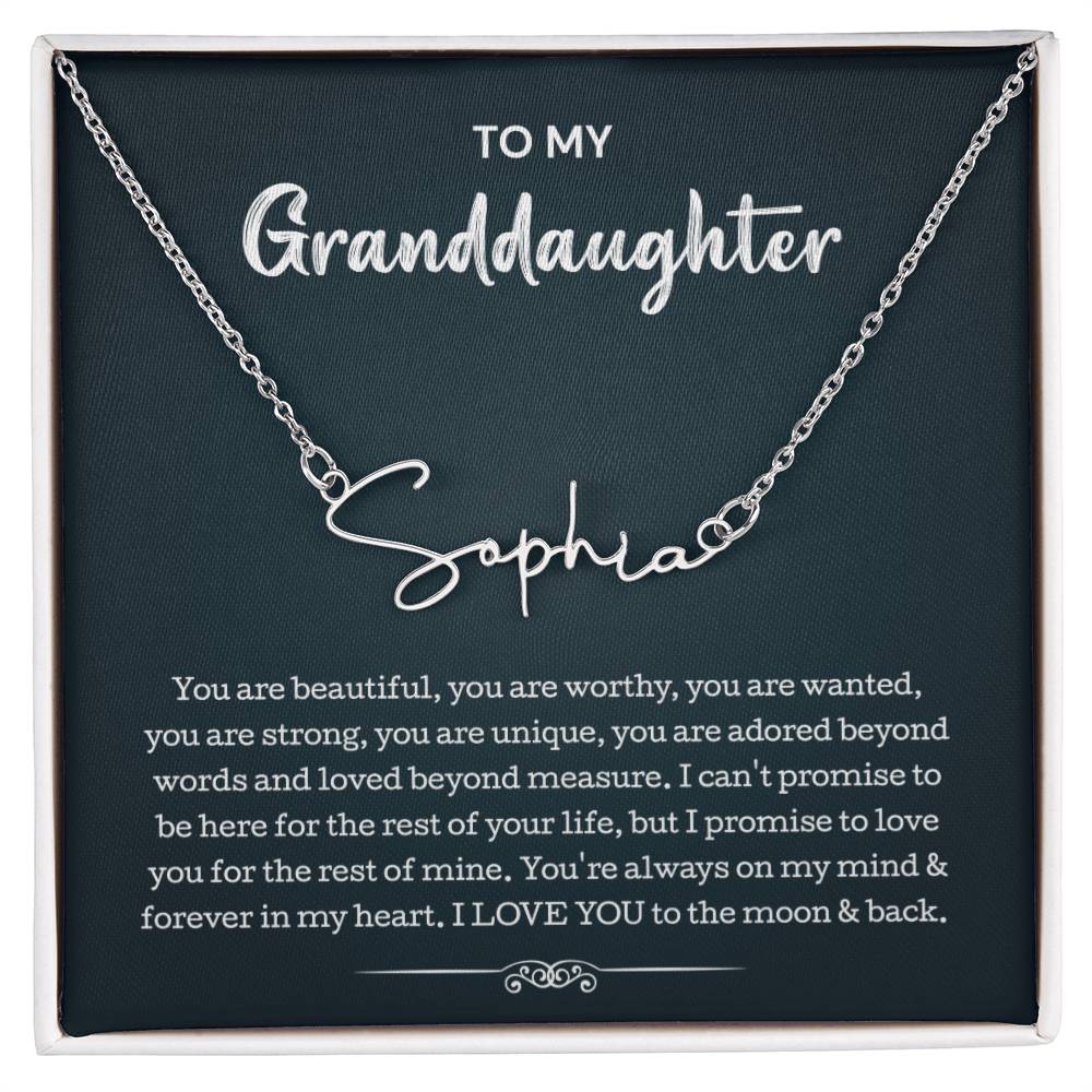 To My Granddaughter Signature Style Name Necklace Perfect Heartfelt Birthday, Graduation Or Holiday Gift For Your Granddaughter